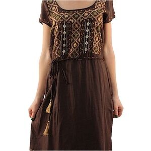 LUCKY BRAND: Brown Embroidered Shift Dress - Size Small